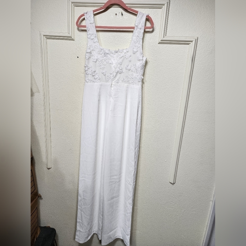 Lulus Truly Profound White Mesh 3D Floral Embroidered Bustier Jumpsuit M Wedding - Picture 9 of 10